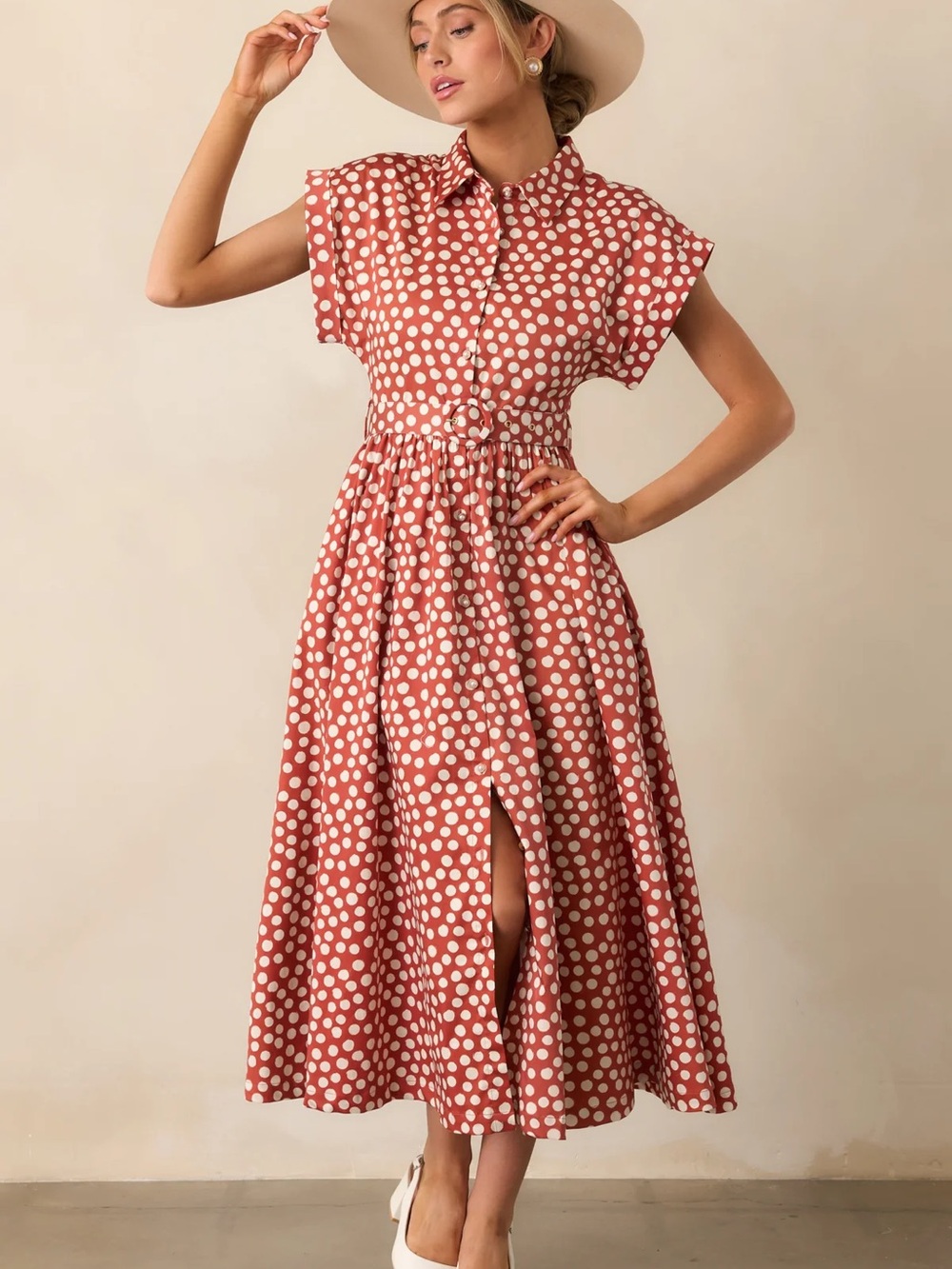 PROSPERINA JOCELYN BRICK RED POLKA DOT COTTON MAXI DRESS- M